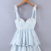 Blue Floral Bustier Tie Up Frill Mini Dress