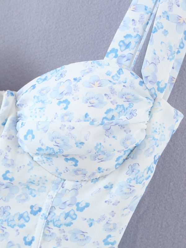 Blue Floral Bustier Tie Up Frill Mini Dress