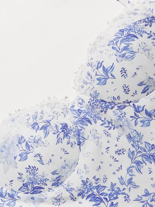 Blue Floral Print Bustier Strap Slit Midi Dress