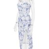 Blue Floral Print Bustier Strap Slit Midi Dress