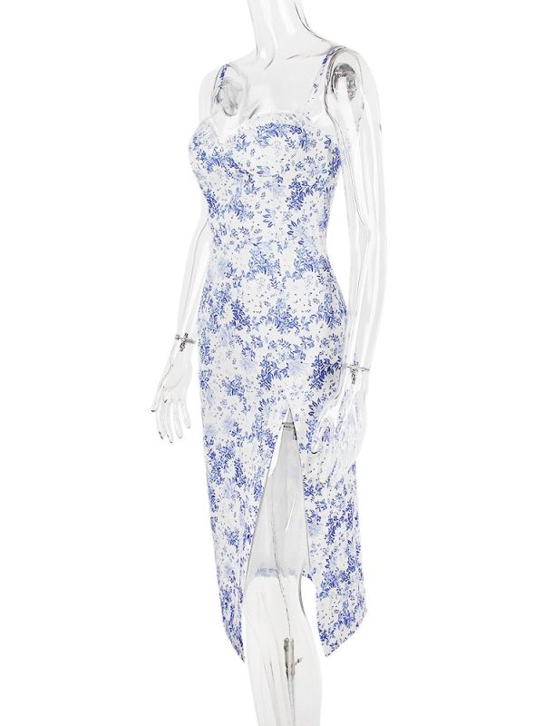 Blue Floral Print Bustier Strap Slit Midi Dress