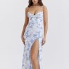 Blue Floral Print Bustier Strap Slit Midi Dress