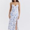 Blue Floral Print Bustier Strap Slit Midi Dress