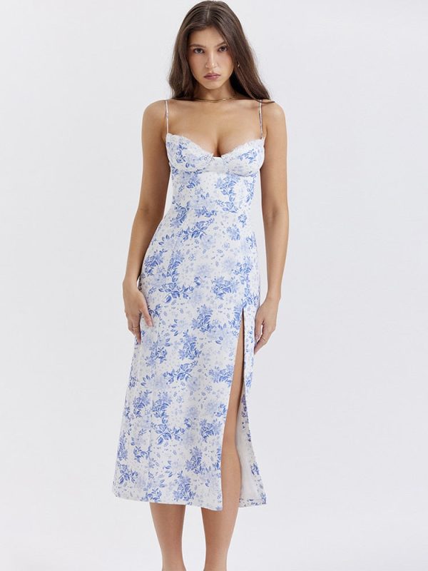 Blue Floral Print Bustier Strap Slit Midi Dress