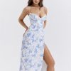Blue Floral Print Bustier Strap Slit Midi Dress