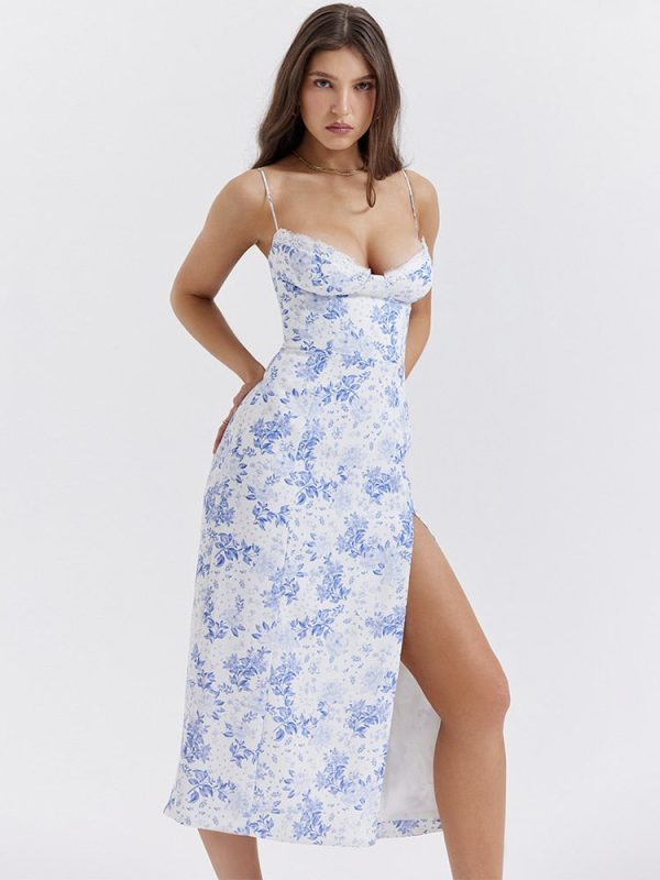 Blue Floral Print Bustier Strap Slit Midi Dress