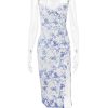 Blue Floral Print Bustier Strap Slit Midi Dress