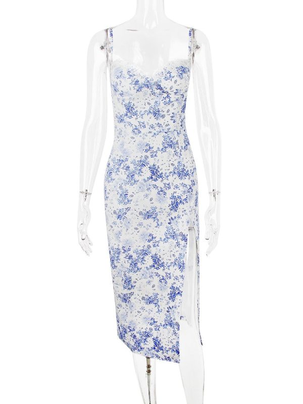 Blue Floral Print Bustier Strap Slit Midi Dress