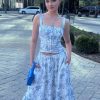Blue Floral Print Midi Skirt