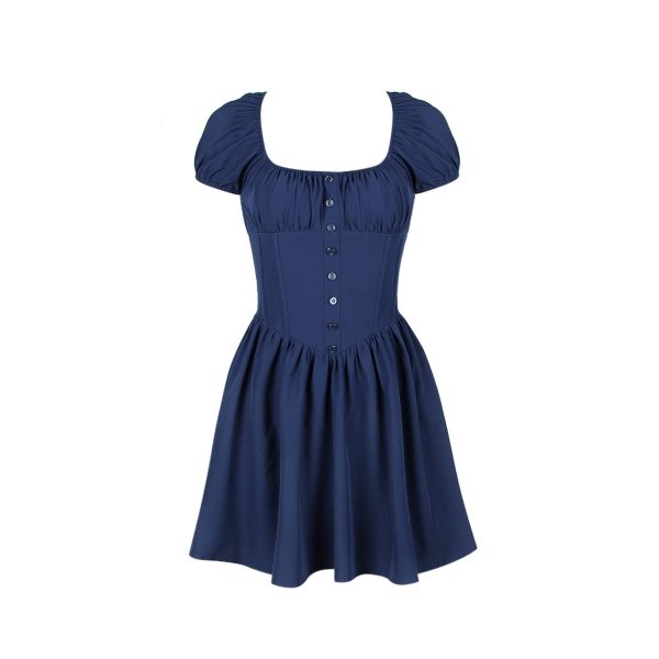 Blue Short Sleeve Buttoned Frill Mini Dress
