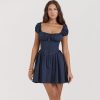 Blue Short Sleeve Buttoned Frill Mini Dress
