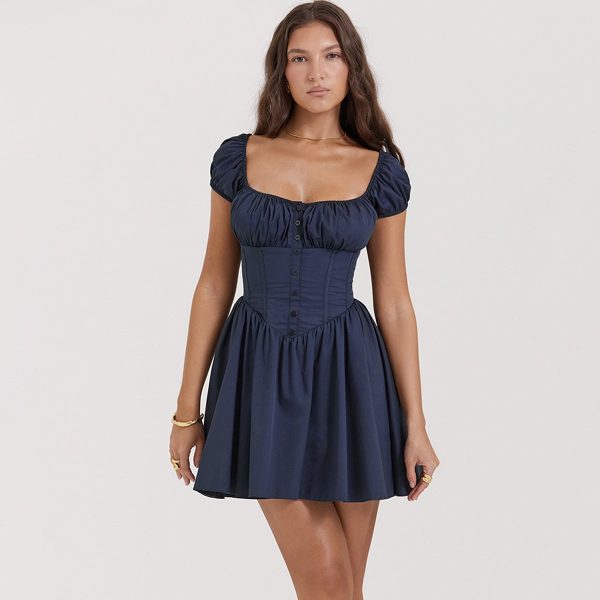 Blue Short Sleeve Buttoned Frill Mini Dress