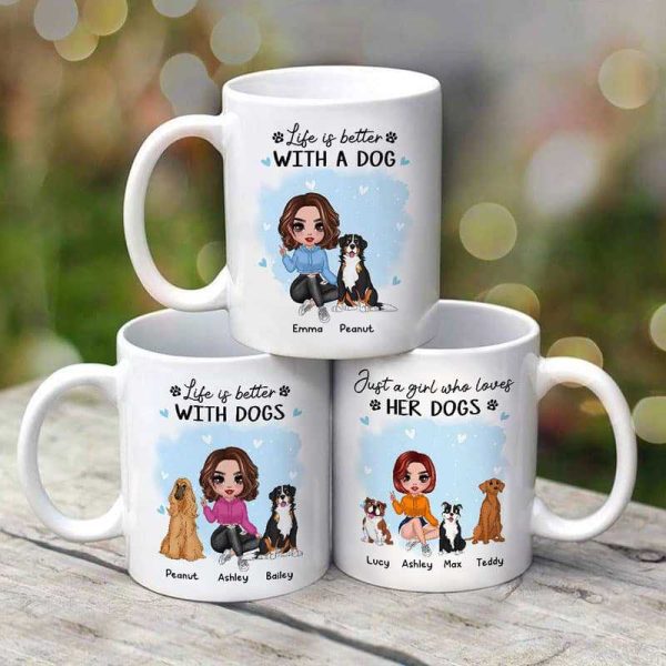 Blue Watercolor Doll Woman And Dogs Personalized Mug