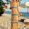 Boho Striped Semi Sheer Crochet Knit Beach Vacation Midi Sundress - Orange