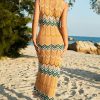 Boho Striped Semi Sheer Crochet Knit Beach Vacation Midi Sundress - Orange