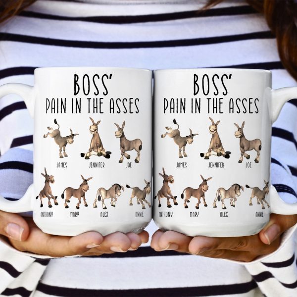 Boss' Pain in the Asses White Ceramic Mug, Personalized Office Humor Gift for Coworkers and Morning Coffee Smiles
