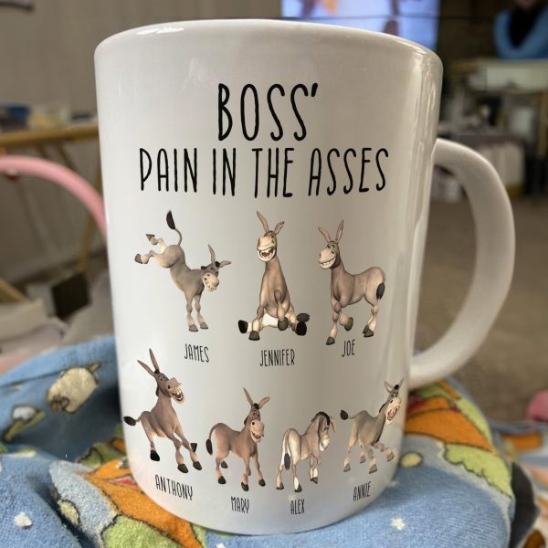 Boss' Pain in the Asses White Ceramic Mug, Personalized Office Humor Gift for Coworkers and Morning Coffee Smiles