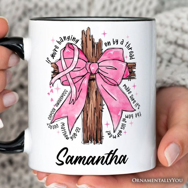 Breast Cancer Pink Bow Cross Personalized Mug, Awareness Faith Christian Gift with Custom Name
