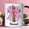 Breast Cancer Pink Bow Cross Personalized Mug, Awareness Faith Christian Gift with Custom Name