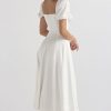 Breezy Off Shoulder Tie Front Puff Sleeve High Slit Midi Sundress - White