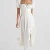 Breezy Off Shoulder Tie Front Puff Sleeve High Slit Midi Sundress - White