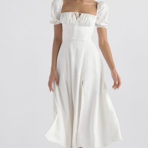 Breezy Off Shoulder Tie Front Puff Sleeve High Slit Midi Sundress - White