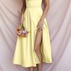 Breezy Off Shoulder Tie Front Puff Sleeve High Slit Midi Sundress - Yellow