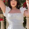 Breezy Ruched Square Neck Puff Sleeve Lace Up Back Party Mini Dress - White