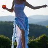 Breezy Ruffle High Split Rosette Trim Sheer Sequin Evening Maxi Dress - Sky Blue
