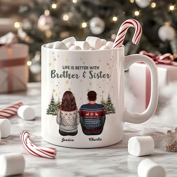 Brother Sisters Christmas Tree Personalized Mug, Christmas Gift for Siblings