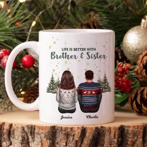 Brother Sisters Christmas Tree Personalized Mug, Christmas Gift for Siblings
