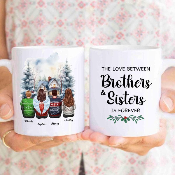 Brother Sisters Watercolor Christmas House Personalized Mug, Christmas Gift for Siblings