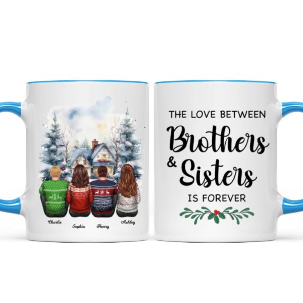 Brother Sisters Watercolor Christmas House Personalized Mug, Christmas Gift for Siblings