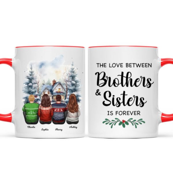 Brother Sisters Watercolor Christmas House Personalized Mug, Christmas Gift for Siblings