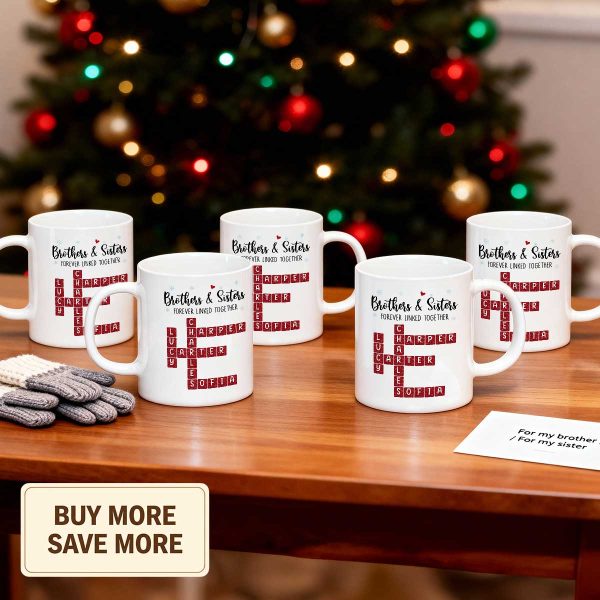 Brothers And Sisters Forever Linked Together Festive Theme Crossword Puzzle Art - Personalized Mug - Gift For Siblings, Family