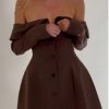 Brown Off Shoulder Long Sleeve Button Mini Dress