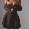 Brown Off Shoulder Long Sleeve Button Mini Dress