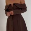 Brown Off Shoulder Long Sleeve Button Mini Dress