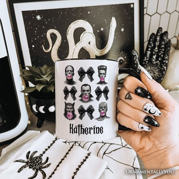 Bubblegum Classic Monster Personalized Mug, Funny Coquette Bow Gift with Retro Style and Custom Name