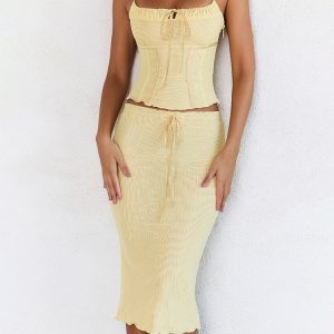 Butter Strappy Ruched Top Knee Length Skirt Set