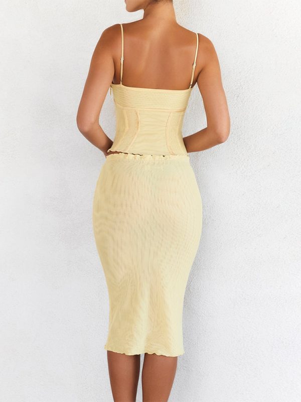 Butter Strappy Ruched Top Knee Length Skirt Set