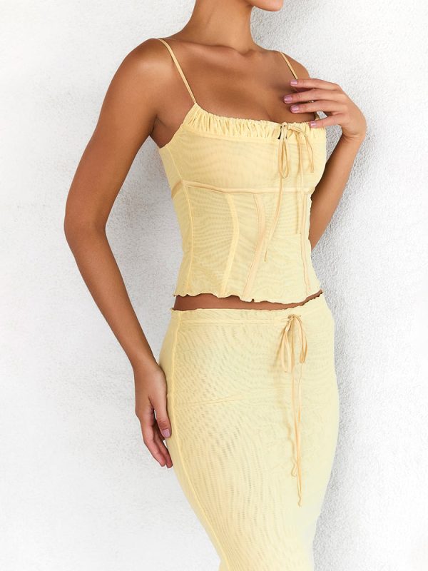 Butter Strappy Ruched Top Knee Length Skirt Set