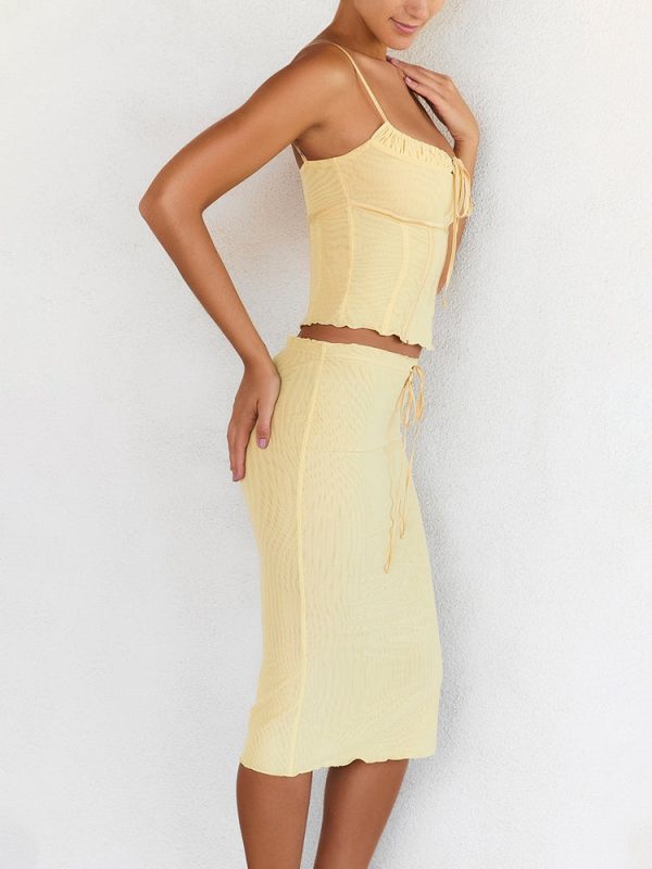 Butter Strappy Ruched Top Knee Length Skirt Set