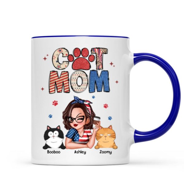 Cat Mom 4th of July America Sparkly Pattern Personalized Mug, Independence Day