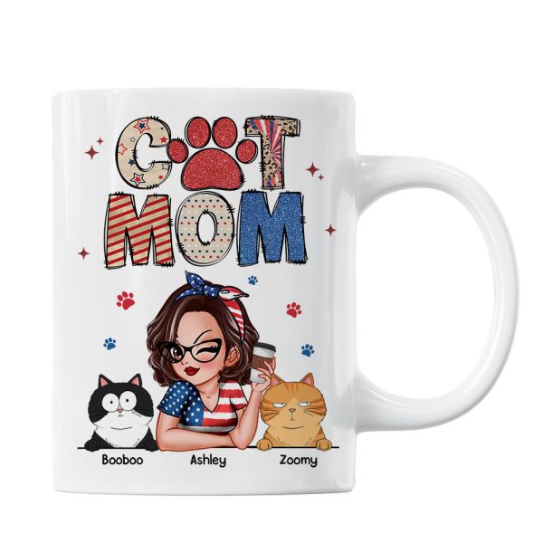 Cat Mom 4th of July America Sparkly Pattern Personalized Mug, Independence Day