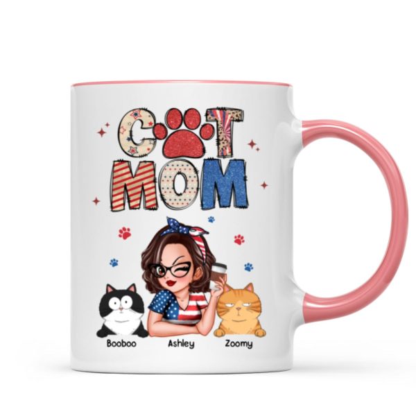 Cat Mom 4th of July America Sparkly Pattern Personalized Mug, Independence Day
