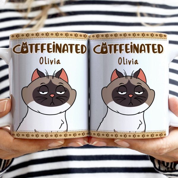 Catffeinated Funny Cartoon Cats - Gift For Cat Lovers, Cat Mom, Cat Dad - Personalized White Edge-to-Edge Mug