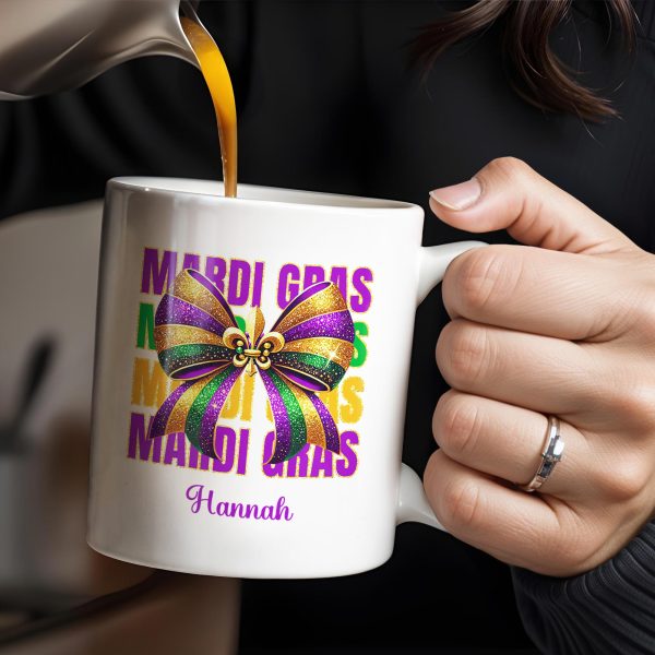 Celebrate Mardi Gras With Festive Bow Design - Personalized Custom Coffee Mug - FAM266_MG