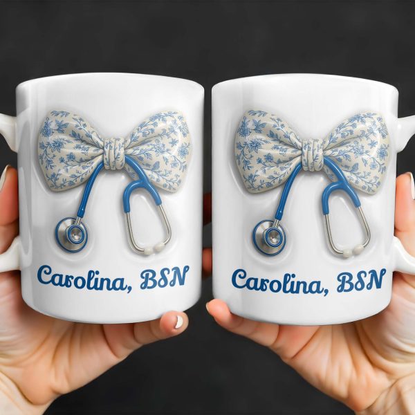 Celebrate Those Who Care, Floral Bow and Stethoscope - Personalized Custom Coffee Mug - NUR007_MG