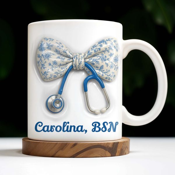Celebrate Those Who Care, Floral Bow and Stethoscope - Personalized Custom Coffee Mug - NUR007_MG